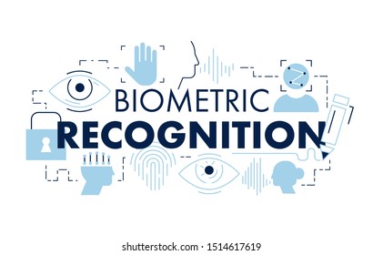 Biometric recognition elements pattern with word in the middle. Linear outline style composition in flat style. Vector illustration