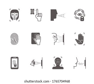 Biometric recognition system icons set. Face scanning, fingerprint palm identification opening lock by scanning retina voice vibration modern electronic protection systems. Vector detection icons