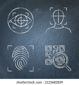 Biometric scan and QR code icon set on chalkboard. Vector illustration.