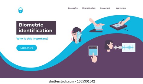 Biometric scanner web page with clickable links and buttons editable text and icons of biometric data vector illustration svg