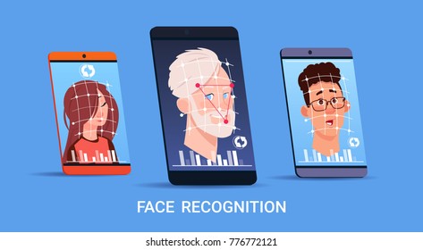 Biometric Scanning Face Recognition System Concept Set Of Modern Smart Phones Access Control Technology Flat Vector Illustration