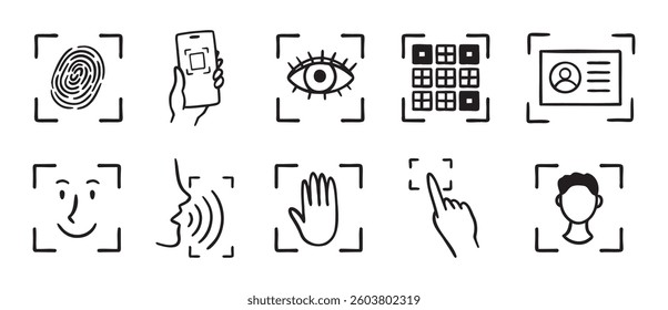 biometric scanning icon set. Identification individual by eye, fingerprint, or pass doodle hand drawn icon. Outline drawing ID verification line clipart symbol. Vector illustration