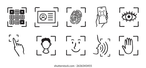 biometric scanning icon set. Identification individual by eye, fingerprint, or pass doodle hand drawn icon. Outline drawing ID verification line clipart symbol. Vector illustration