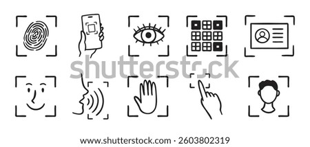 biometric scanning icon set. Identification individual by eye, fingerprint, or pass doodle hand drawn icon. Outline drawing ID verification line clipart symbol. Vector illustration