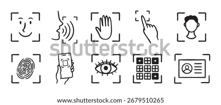 biometric scanning icon set. Identification individual by eye, fingerprint, or pass doodle hand drawn icon. Outline drawing ID verification line clipart symbol. Vector illustration