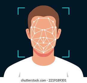 Biometric scanning of man. Face recognition personal verification, identity detection. Flat style colorful vector illustration. personal verification, cyber protection, artificial intelligence, icon. 