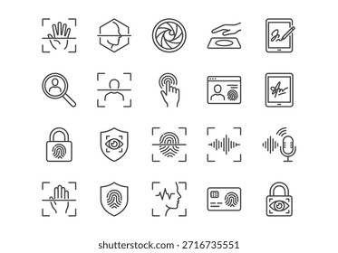 Conjunto de iconos de línea de seguridad y autenticación biométrica. Ilustración vectorial de huellas dactilares, rostro, iris, reconocimiento de voz y escaneo de firmas para el control de acceso e identidad digital.