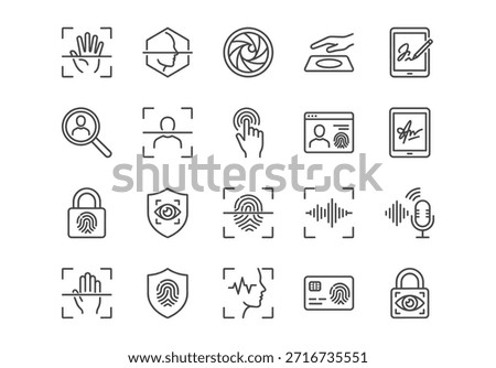 Biometric security and authentication line icons set. Vector illustration of fingerprint, face, iris, voice recognition, and signature scan symbols for digital identity and access control.