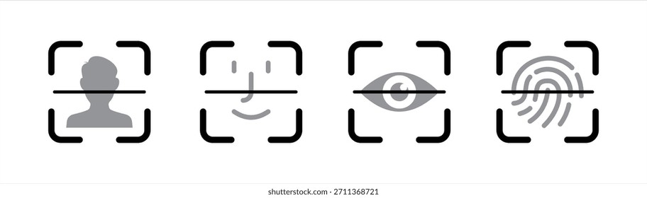 Conjunto de iconos de seguridad biométrica con símbolos de escaneo de cara, ojos y huellas dactilares en estilo minimalista