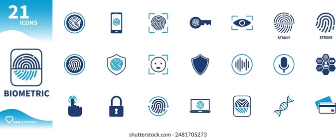 Biometric security icon. Set of icons for fingerprint, retina scan, voice, face id,...