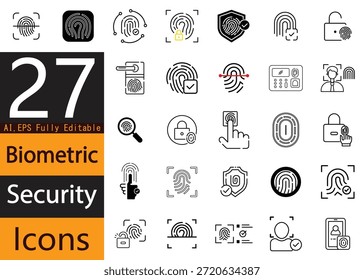 Iconos de seguridad biométrica: identificación facial, huellas dactilares y símbolos de acceso seguro