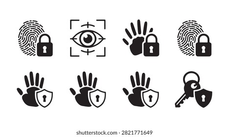 Biometric security icons, fingerprint, eye scan, handprint, lock, shield, key. Access control.