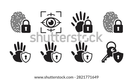 Biometric security icons, fingerprint, eye scan, handprint, lock, shield, key. Access control.