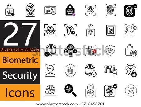 Biometric Security Icons Set – Fingerprint, Face ID, Retina Scan, and Identity Protection