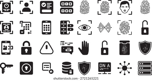 Conjunto de iconos de identidad y seguridad biométrica. Contiene escaneos de huellas dactilares, reconocimiento facial, escáneres de retina, servidores seguros, cerraduras de Contraseña y verificación digital de ADN.
