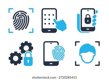 Conjunto de iconos de seguridad biométrica y acceso móvil. Iconos de la serie de glifos sólidos