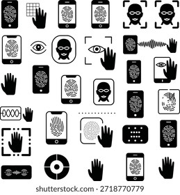Conjunto de iconos de seguridad biométrica y escaneo. Contiene escaneos de huellas dactilares en teléfonos, reconocimiento facial, escaneos de retina ocular e identificadores de ondas de voz.