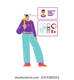 Biometric security and secure verification banner or poster, flat vector illustration. Biometric identification and face scanning technology for account or device access.