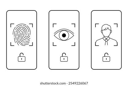 Seguridad biométrica, conjunto de huellas dactilares, iris y reconocimiento facial, Ilustración vectorial