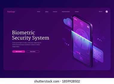 Biometric security system isometric landing page. Personal data protection, online access on smartphone screen with fingerprint and lock, user account verification and privacy, 3d vector web banner