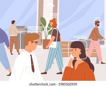 Biometric security system for people's faces recognition. Facial detection and analysis tech concept. Supervision and surveillance technology for city street. Colored flat vector illustration