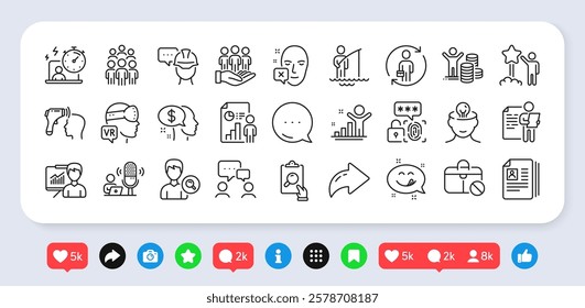 Biometric security, Timer and Pay line icons pack. Social media: share, comment, like icons. Business report, Face declined, Mental health web icon. Podcast, Fisherman, Star pictogram. Vector