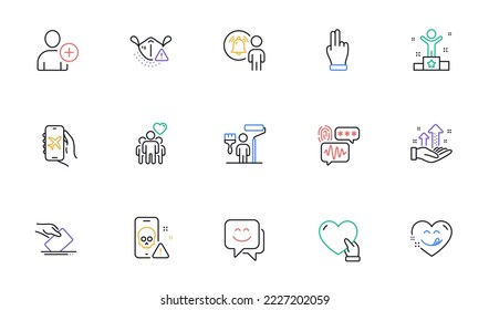 Biometric security, Yummy smile and User notification line icons for website, printing. Collection of Add user, Click hand, Flight mode icons. Volunteer, Smile face, Voting ballot web elements. Vector