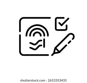 Icono de línea única de autenticación de firma biométrica. Verificación de firma digital basada en huellas dactilares en línea continua art.Autenticación biométrica segura para documentos legales, contratos y negocios 