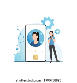Biometric systems of authentication, identification, user authorization, identity card. Woman, girl unlocked smartphone in face id with biometric data to enter. Face recognition 2d, 3d.