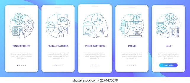 Tecnología biométrica degradado azul en pantalla de aplicación móvil. Recorrido de ID digital 5 pasos de instrucciones gráficas con conceptos lineales. UI, UX, plantilla GUI. Multitud de tipos de letra Pro-Bold, con uso regular