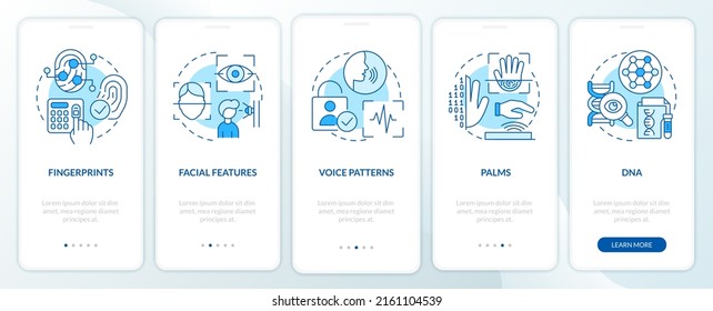 Biometric technology blue onboarding mobile app screen. Identity walkthrough 5 steps editable graphic instructions with linear concepts. UI, UX, GUI template. Myriad Pro-Bold, Regular fonts used