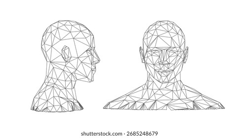 Biometrische Technologie digitales Gesicht 3D-Scannen. Gesichtserkennung, Detektionssystem. Polygonaler Drahtmodell-Vektorsatz mit schwarzem Umriss. Gesichtskennung, Seiten- und Vorderansicht. Sicherheitsüberprüfung