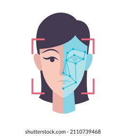 Tecnología biométrica reconocimiento facial icono plano con imagen vectorial de exploración de cara femenina