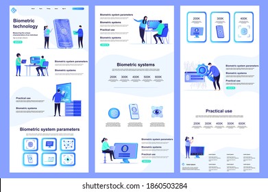 Biometrische Technologie flache Landungsseite. Biometrics Authentifizierung und Identifikation Corporate Website Design. Webbanner-Vorlage mit Header, mittlerem Inhalt, Fußzeile. Vektorgrafik mit Menschen