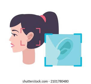 Biometric technology identification by ear icon with female character flat vector illustration