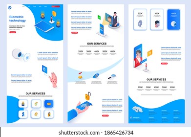 Biometric technology isometric landing page. Biometrics identification corporate website design template. Web banner template with header, middle content, footer. Isometry vector illustration.