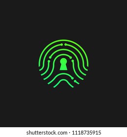 Biometric technology logo design emblem template. Modern fingerprint safety system to identify vector illustration on black background