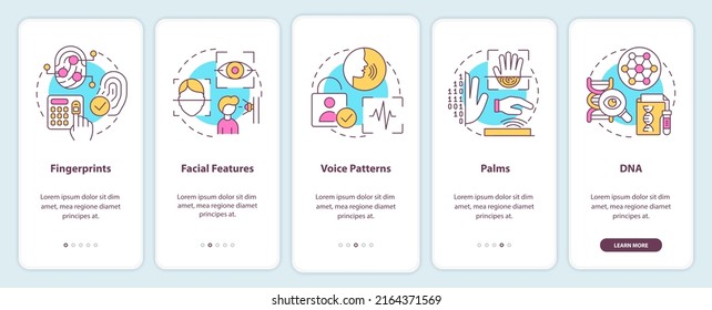 Biometrische Technologie auf dem mobilen App-Bildschirm. Digitale Identität Durchgang 5 Schritte bearbeitbare grafische Anleitungen mit linearen Konzepten. UI, UX, GUI-Vorlage. Myriad Pro-kühne, Standardschriftarten verwendet