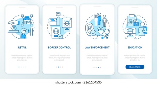 Biometric technology usage blue onboarding mobile app screen. Data walkthrough 4 steps editable graphic instructions with linear concepts. UI, UX, GUI template. Myriad Pro-Bold, Regular fonts used