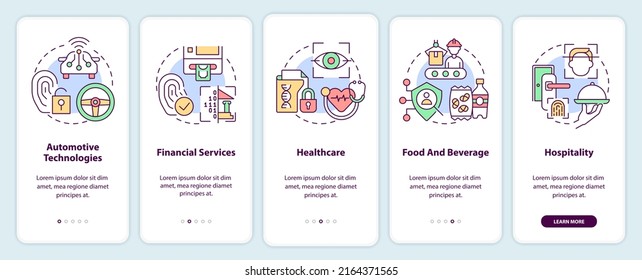 Biometric technology using onboarding mobile app screen. Safe access walkthrough 5 steps editable graphic instructions with linear concepts. UI, UX, GUI template. Myriad Pro-Bold, Regular fonts used