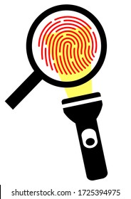 Biometric thumbprint magnified through a magnifying glass. Safety. Law and order. Template for text. Crime investigation. Criminal Examination. Poster. Police.