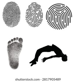 Biometric Trace Elements Vector Set with Fingerprints, Bare Footprint, and Acrobat Backbend Silhouette Isolated on White Background.