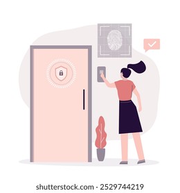 Biometric verification and authentication. Identification systems. Woman owner unlocking door with fingerprint, access control, modern security and house protection technology. vector Illustration