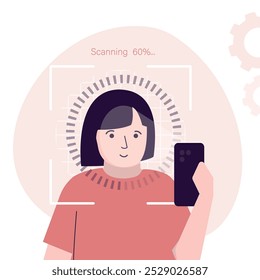 Biometric verification. Face identification system, scanning caucasian woman face. User access control, loading bar, modern security technology. Face recognition. flat vector Illustration