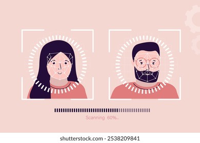 Verificación biométrica. Sistema de Identificación facial, escaneando rostros de mujeres y hombres caucásicos. Control de acceso del usuario, barra de carga, tecnología moderna. Reconocimiento facial. Ilustración vectorial plana