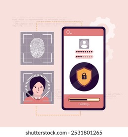 Verificación biométrica. Sistema de Identificación de huellas dactilares y cara, escaneando la cara de la mujer. Control de acceso del usuario, barra de carga, tecnología moderna para el móvil. Reconocimiento facial. Ilustración vectorial plana