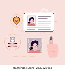 Verificación biométrica. Sistema de Identificación de huellas dactilares y cara, escaneando la cara de la mujer. Control de acceso de usuario, barra de carga, tecnología moderna para gadgets. Touch ID y reconocimiento facial. Vector plano