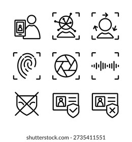 Biometric verification icon set with face, selfie, fingerprint and liveness check for identity authentication in rounded outline editable vector black stroke style.