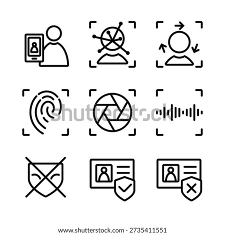 Biometric verification icon set with face, selfie, fingerprint and liveness check for identity authentication in rounded outline editable vector black stroke style.