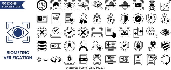 Biometric and Verification icon set in solid style. Containing ID card, biometric, fingerprint check, person identification, signature, passport and more. Vector illustration